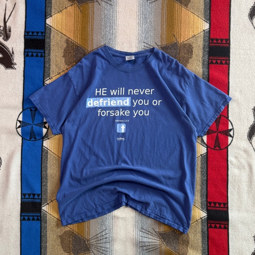 Mens Blue Religious Facebook Parody Graphic T-Shirt Hebrews 13:5 Size Large